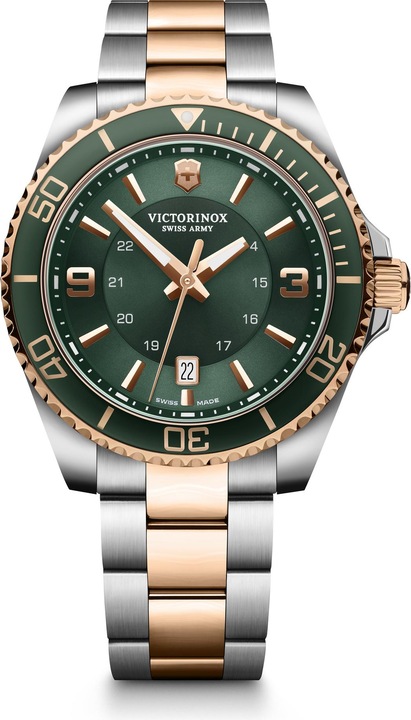 Victorinox Maverick, Taucheruhr, Herrenuhr, 43 cm, Ziffernblatt grün, Edelstahl Armband silver/rose-gold (Taucheruhr, 43 mm)