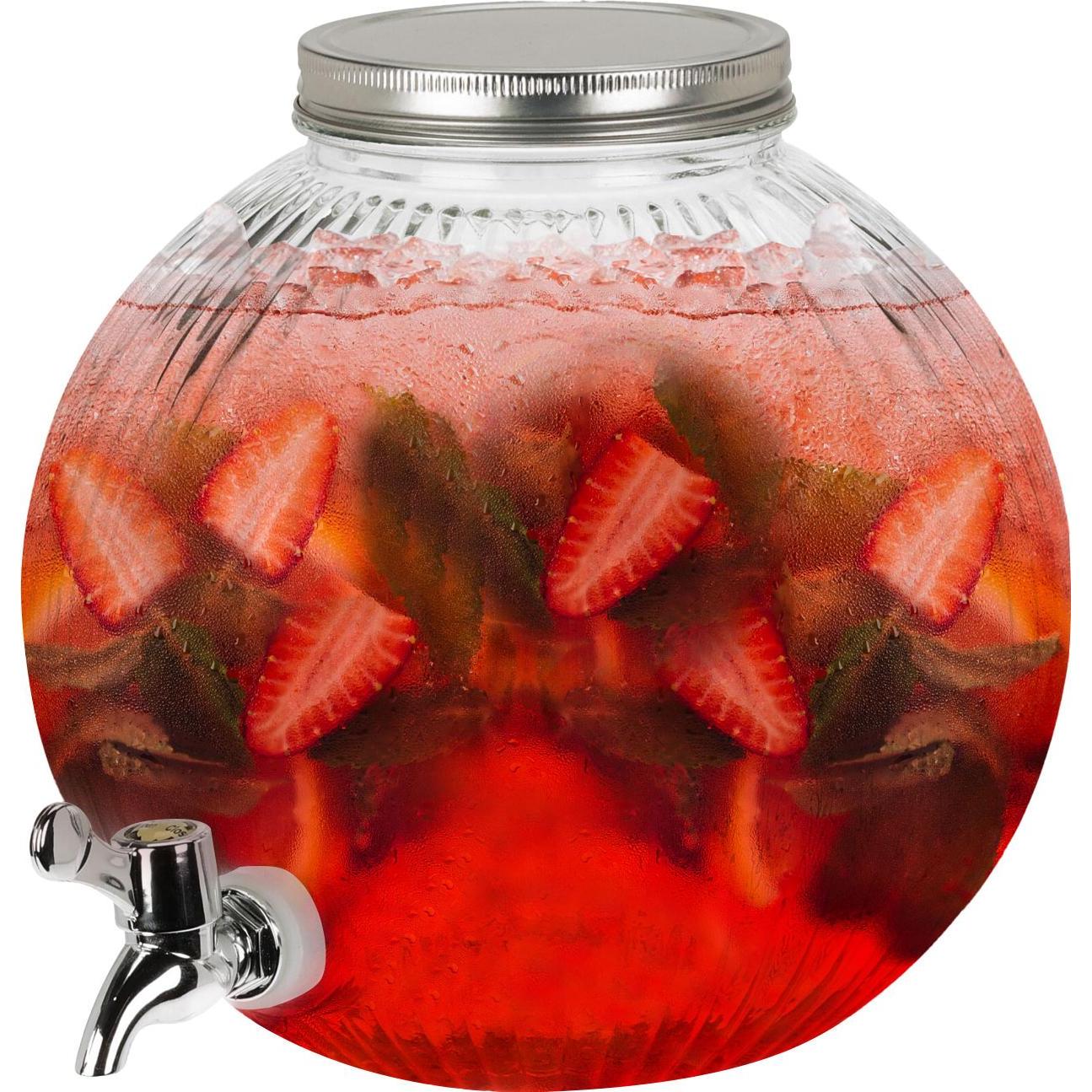 Excellent Houseware Getränkespender aus Glas mit Deckel, 5,5l, kugelförmig, Getränkespender, Transparent, Silber