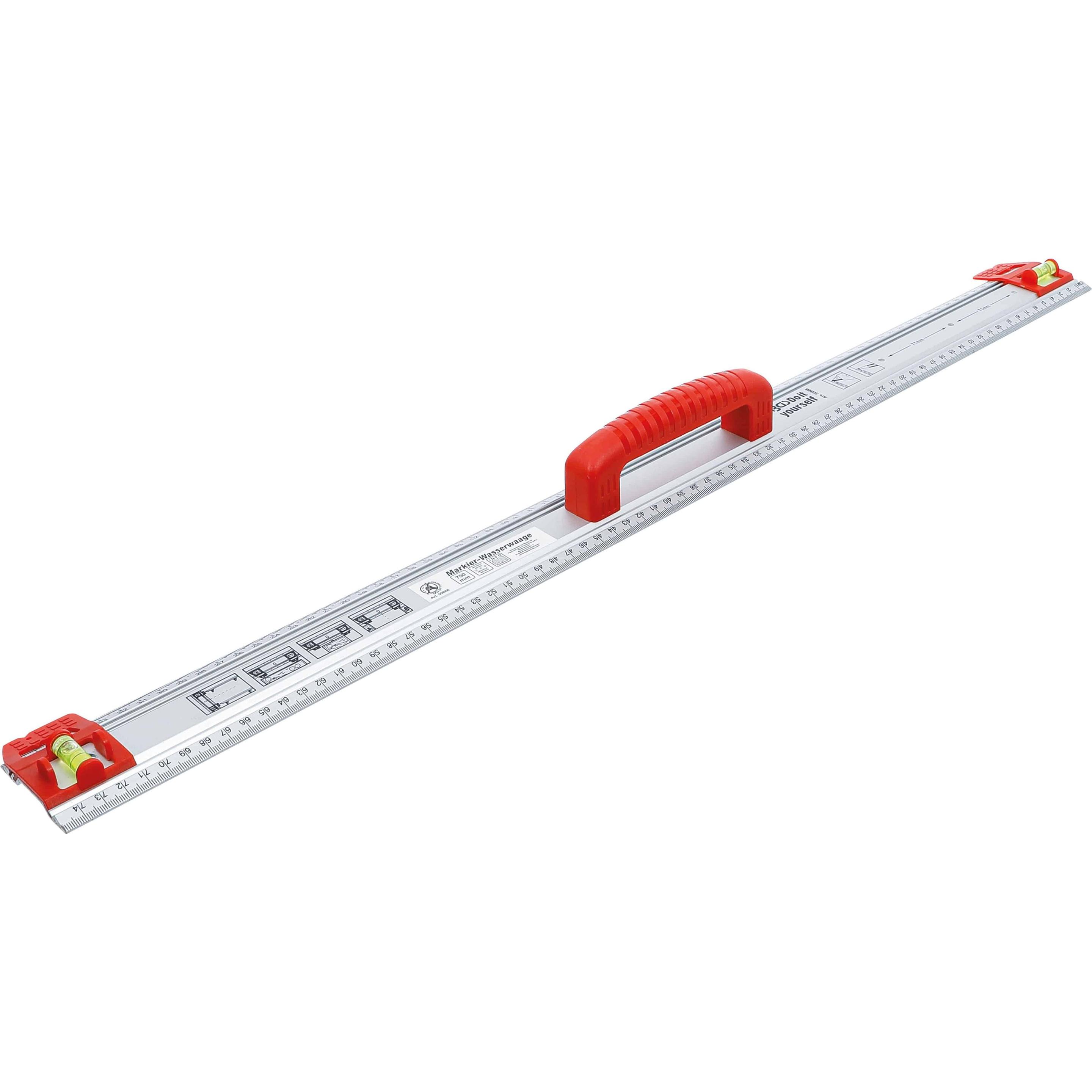BGS, Messlehre, Schneid- und Markierlineal mit Griff und Wasserwaage 750 mm (75 cm)