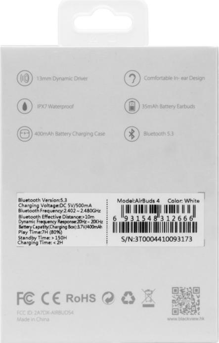 Productafbeelding Blackview Airbuds 4 (Draadloze hoofdtelefoon - Bluetooth 5.3) Wit (36 h, Draadloze)