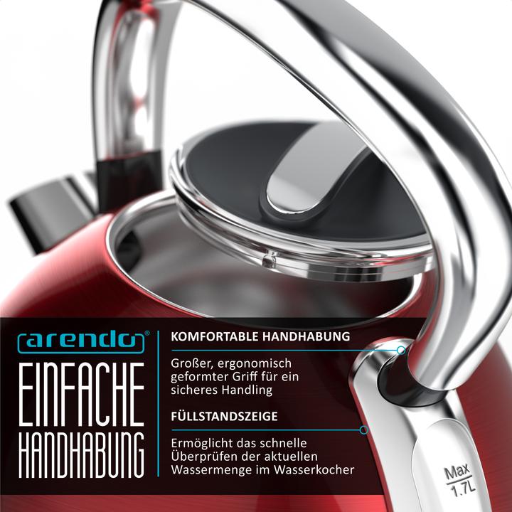 Actual product image Arendo Kettle 1.7 l, 2200 W, stainless steel, retro style, vintage, overheat & dry boil protection, red (1.70 l)
