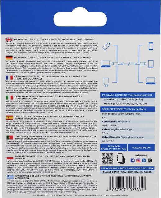 Immagine prodotto prio Cavo di ricarica e dati da USB C a USB C 2.0 m bianco (2 m, USB 2.0, 100 W)