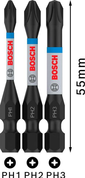 Produktbild Bosch Professional Zubehör PRO Phillips Impact Bit, PH1x55, PH2x55, PH3x55 mm, 3-tlg. (Schraubschlitz, Sechskant (hexagonal))
