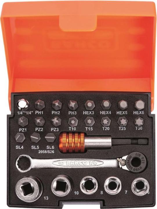 Produktbild Bahco Bit-Steckschlüssel-Satz mit 1/4" Bit-Knarre und Adapter für Schlitz/Phillips/Pozidriv/TORX/Sechsk
