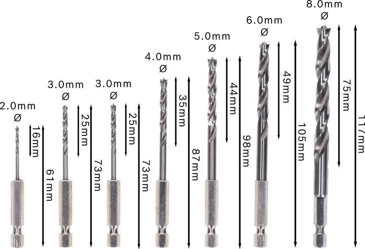 Actual product image Bosch Professional Zubehör PRO Wood HSS wood twist drill bit set. 7 pcs. (2 mm, 3 mm, 4 mm, 5 mm, 6 mm, 8 mm)