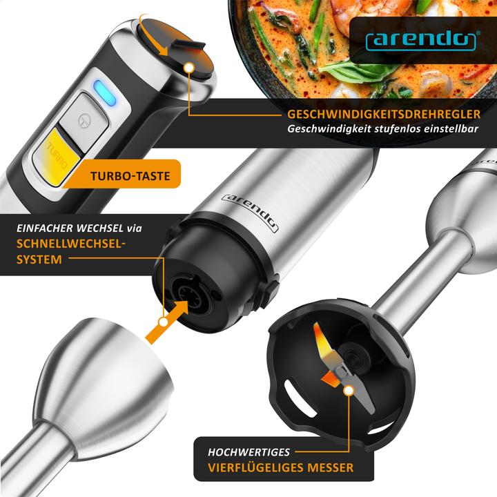 Image du produit Arendo Stabmixer Set 2000 Watt, Edelstahl, Handmixer, stufenlose Regelung, Abnehmbar, DC-Motor, ergonomisch