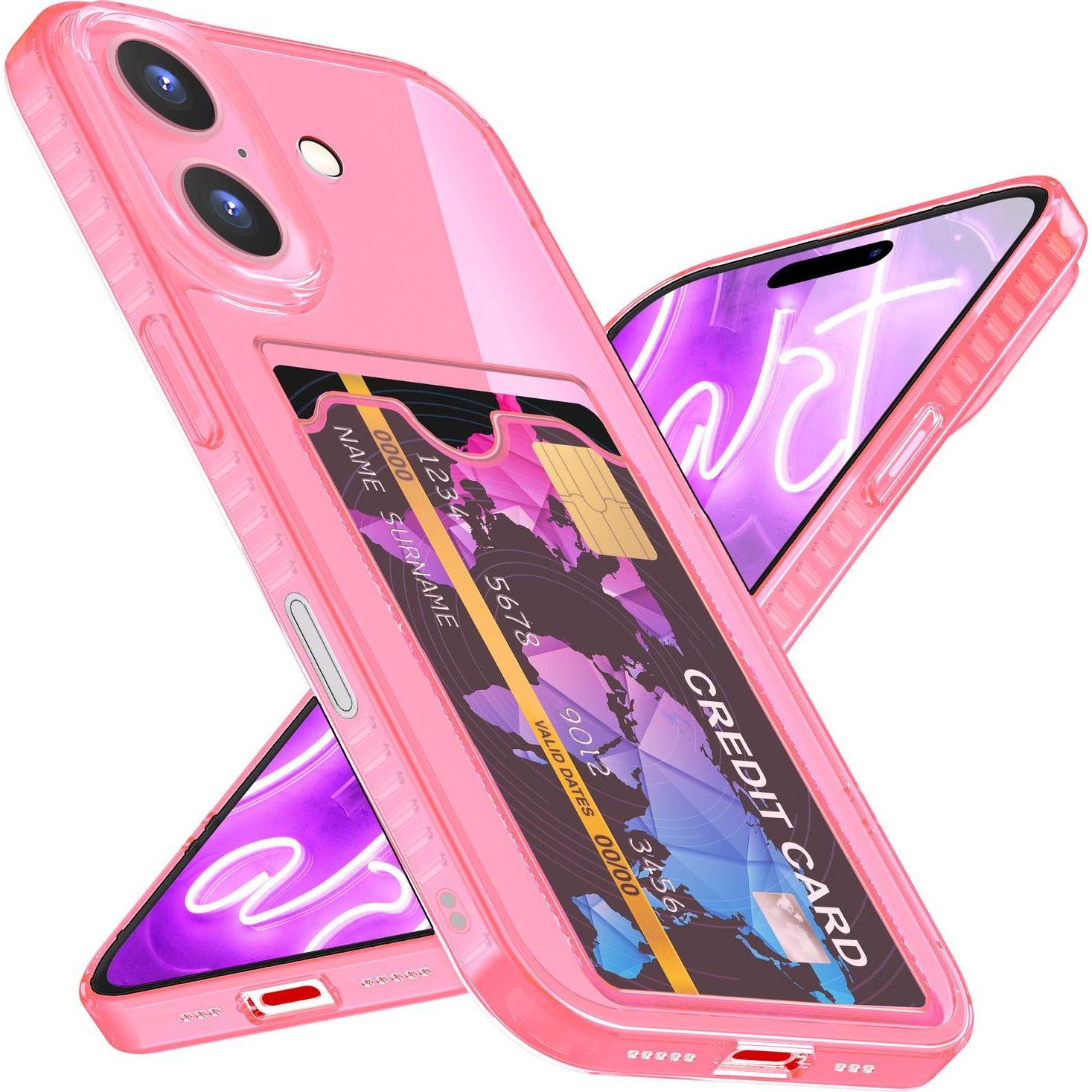 Nalia Klar Transparente Neon Silikon Hülle Kartenhalter (Apple iPhone 16 Plus), Smartphone Hülle, Rosa