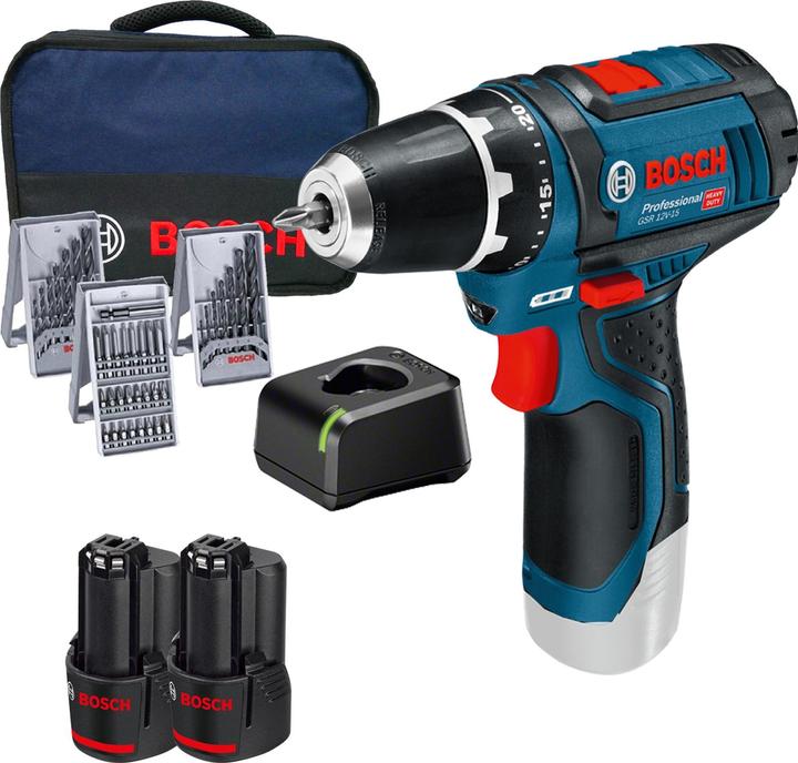Bosch Hausgeräte Bosch Akku-Bohrschrauber GSR 12V-15 / 2x 3,0 Ah Akku + Ladegerät inkl. Bit und Bohrer-Set 39tlg. im (Rechargeable battery operated)
