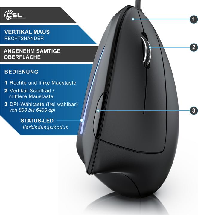 Produktbild CSL Ergonmische Maus USB Vertikalmaus, 6 Tasten, 800-6400 DPI, kabelgebunden, geringes Gewicht, schwarz (Kabelgebunden)