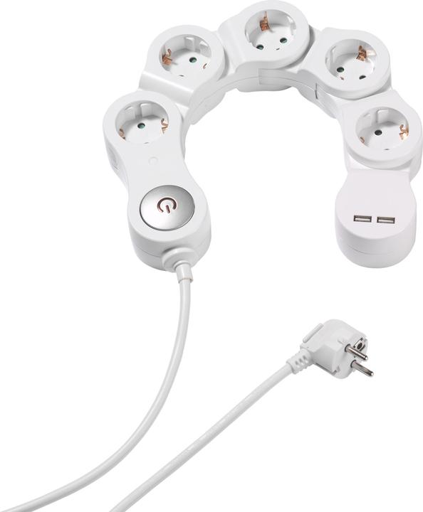 Actual product image Vivanco 5-way power strip flexible, with switch, 2x USB, 2.1A max., 1.4m, white (5 x, CEE 7/3, 1.40 m)