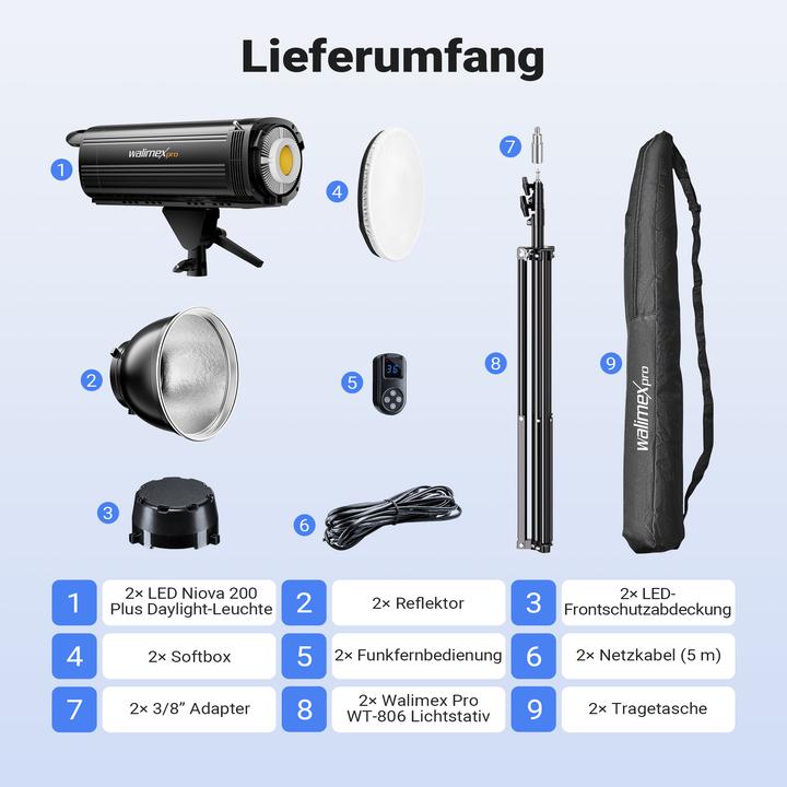 Produktbild Walimex pro LED Niova Plus DL 200 W + Stativ 2er Set Lichtstativ Flächenleuchte (Flächenleuchte)