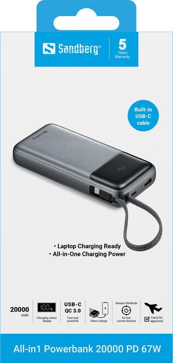 Image du produit Sandberg All-in1 Powerbank 20000 PD67W (20000 mAh, 67 W, 74 Wh)
