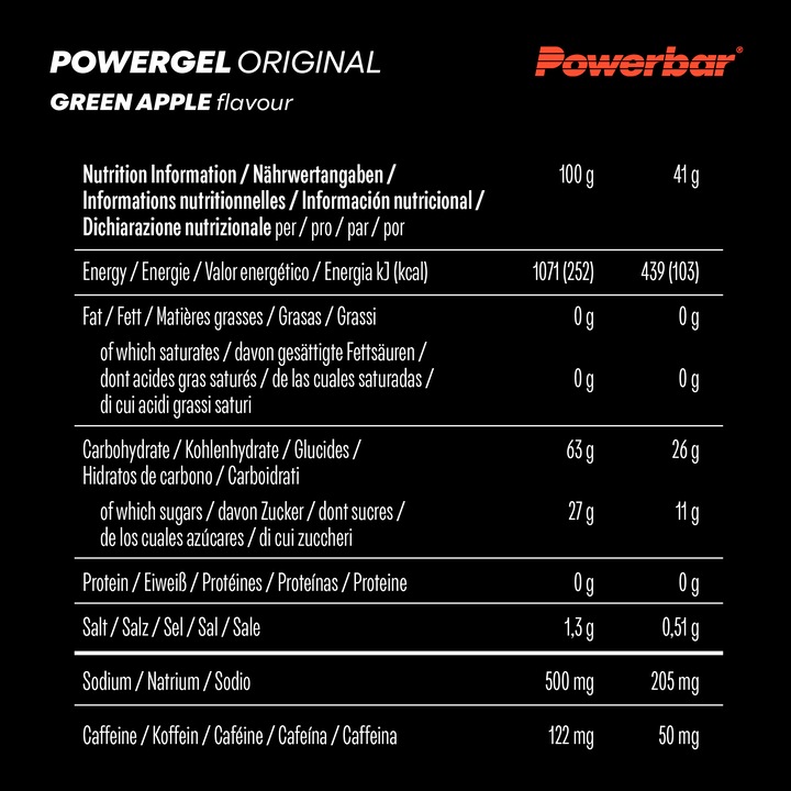 Nutritional values and ingredients Powerbar PowerGel Original (Green Apple, Caffeine, 24 pcs., 984 g)