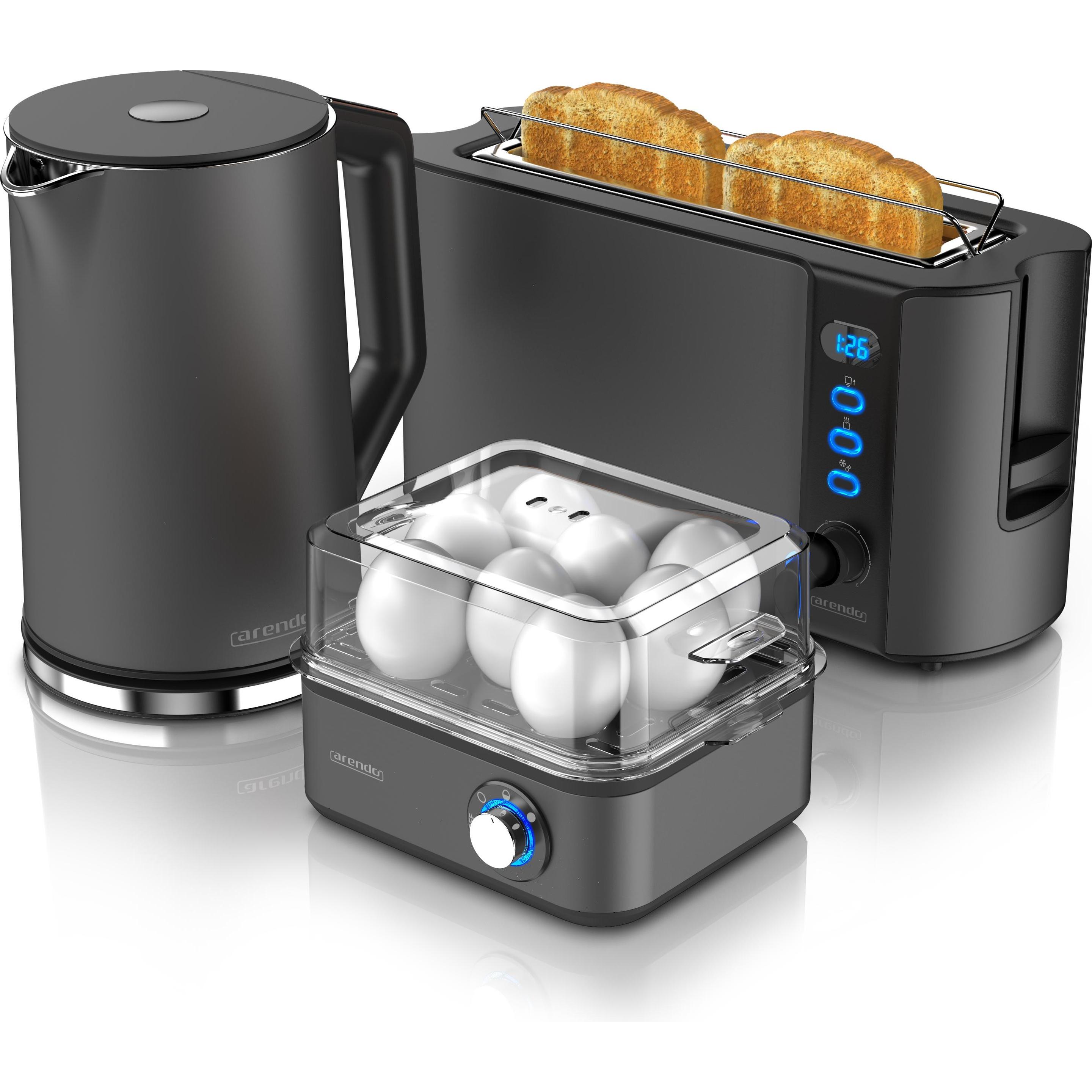 Arendo Frühstücks Set Wasserkocher 1,5l Temperaturwahl, 2-Scheiben Toaster & Eierkocher für 8 Eier, Grau, Wasserkocher, ...