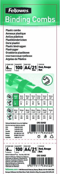 Produktbild Fellowes Plastikbinderücken A4 100 Stk. - 6 mm, weiss