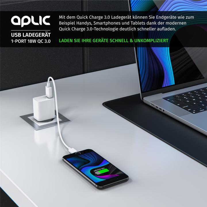 Image du produit Aplic Chargeur USB 18W Quick Charge 3.0, charge rapide, pour smartphones, tablettes, blanc (18 W, 1 portion)