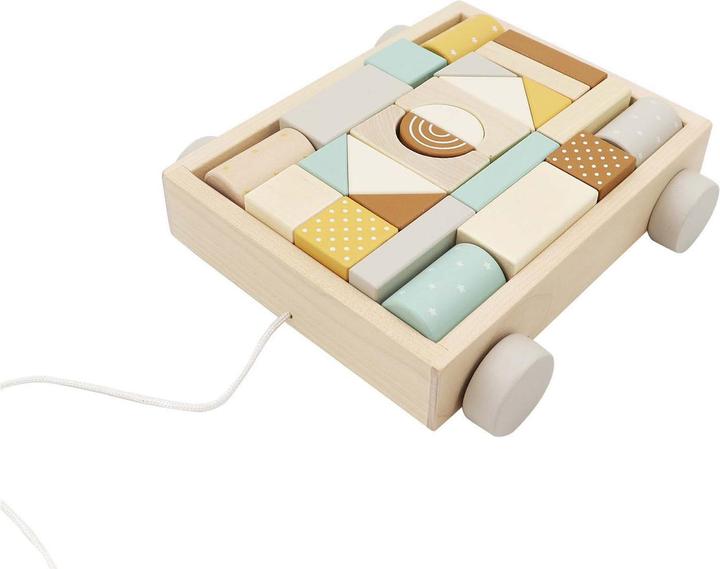 Wooden block trolley, 25 pieces.