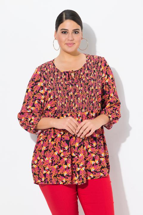 Produktbild Ulla Popken Smok-Bluse, Patchdruck, A-Linie, Rundhals, 3/4-Arm (54)