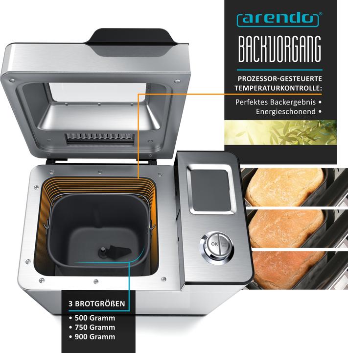 Produktbild Arendo Brotbackautomat, 25 Programme, 550 W, Brotbackmaschine, automatisches Zutatenfach, 1 kg Kapazität