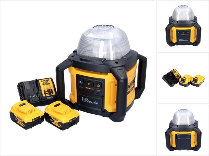 1x DeWalt DCL 074 cordless construction site spotlight, 1x Dewalt DCB charger, 2x Dewalt DCB 184 18 Volt 5 Ah battery