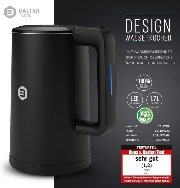 Image du produit Balter Bouilloire WK-4 1,7 L, inox, 2200 W – sans fil, filtre anticalcaire, poignée isolante (1.70 l)