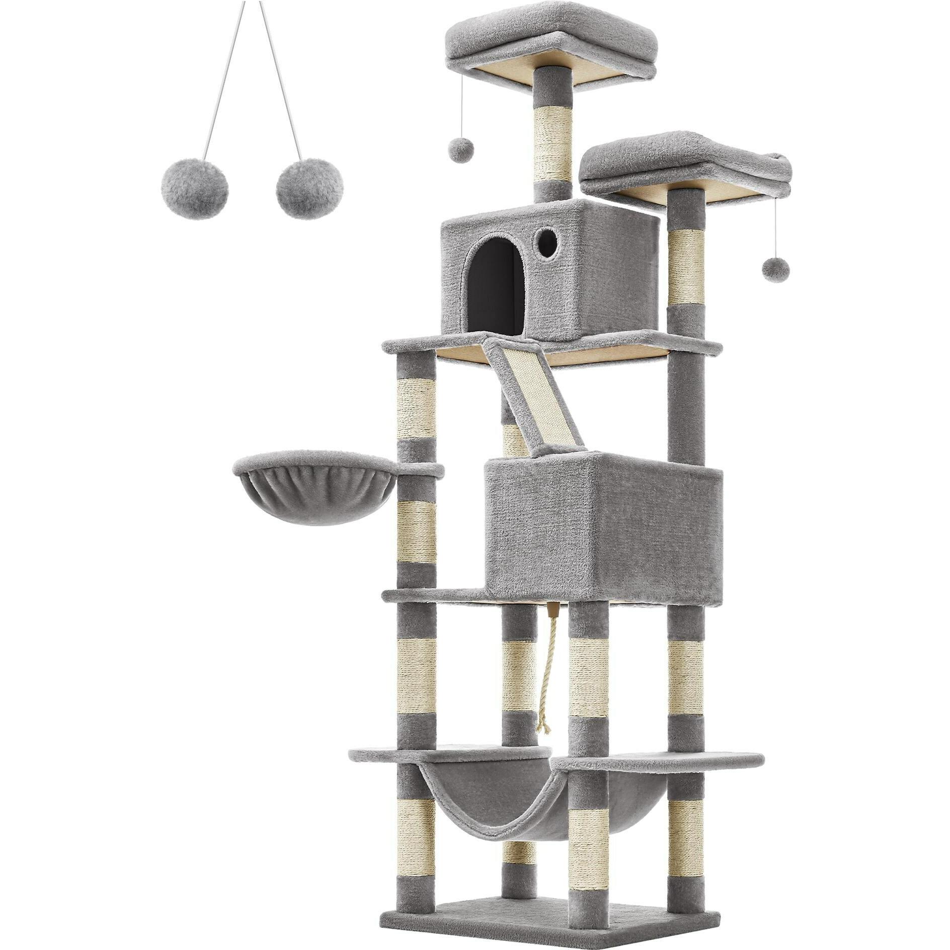 Comparer les prix de FEANDREA Arbre à chat hauteur de 206 cm, hamac, panier, 2 niches, 2 plate-formes, 2 pompons, Gris clair