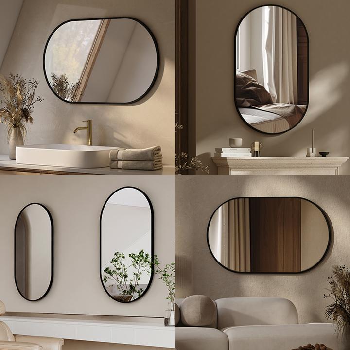 Produktbild Emke Badspiegel Oval 40*60cm, HD Wandspiegel für Badezimmer/Flur, Vertikal/Horizontal,Schwarzer Rahmen (45 x 60 cm)