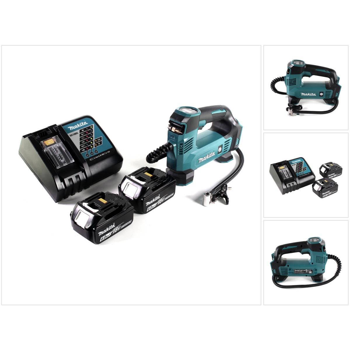 Makita, Kompressor, DMP 180 RG Akku Kompressor 18 V 8,3 bar + 2x Akku 6,0 Ah + Ladegerät (8.30 Bar, 12 l)