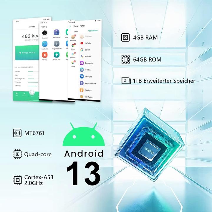 Image du produit Hotwav Téléphone mobile Android 13, 6050mAh, 4GB/64GB extensible, écran 6 pouces HD+, double SIM 4G (64 Go, vert, 6", Double SIM, 4G)