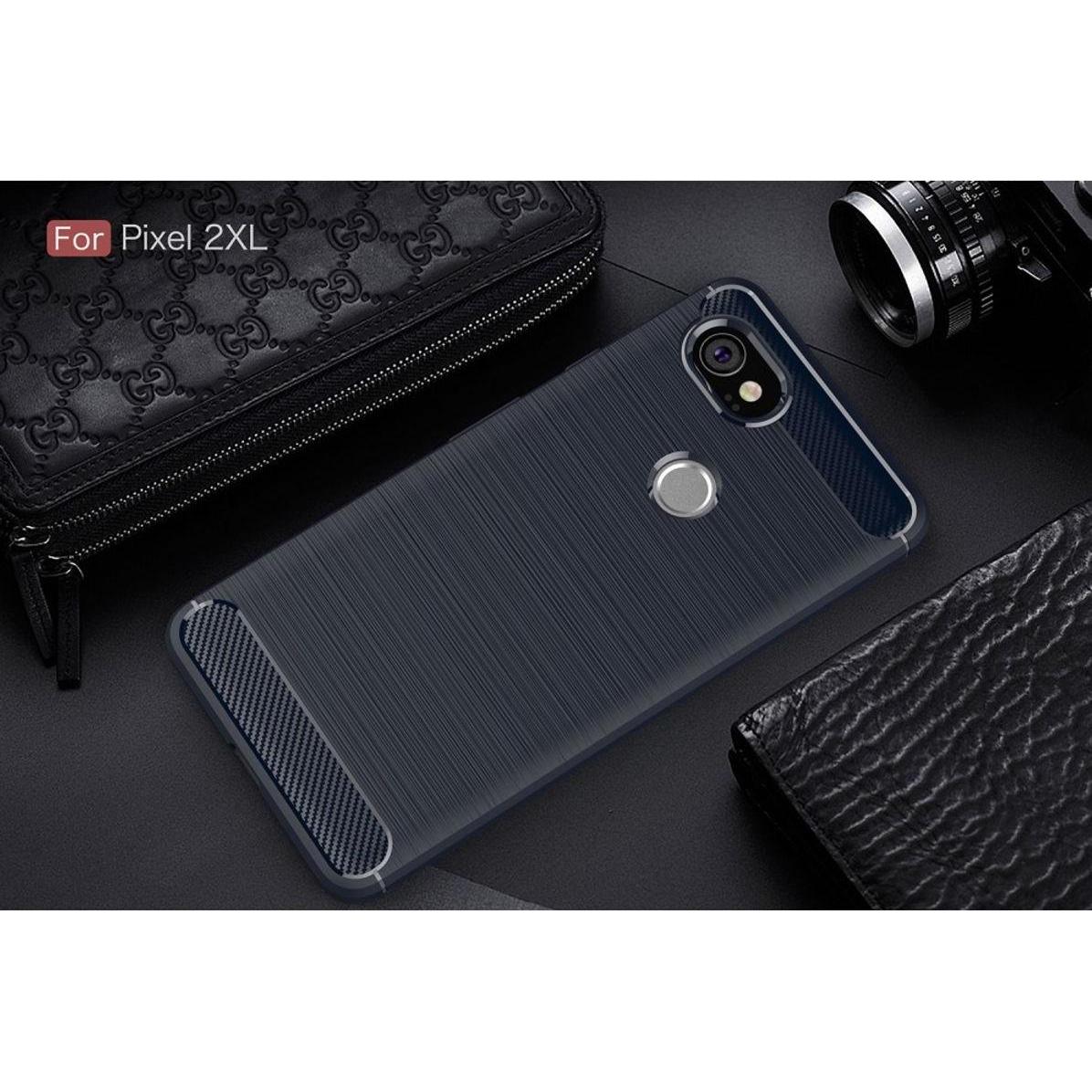 Thumbnail - König Design Hülle Handy Schutz für Google Pixel 2 XL Case Cover Bumper Carbon Optik TPU Blau (Google Pixel 2 XL), Smart...