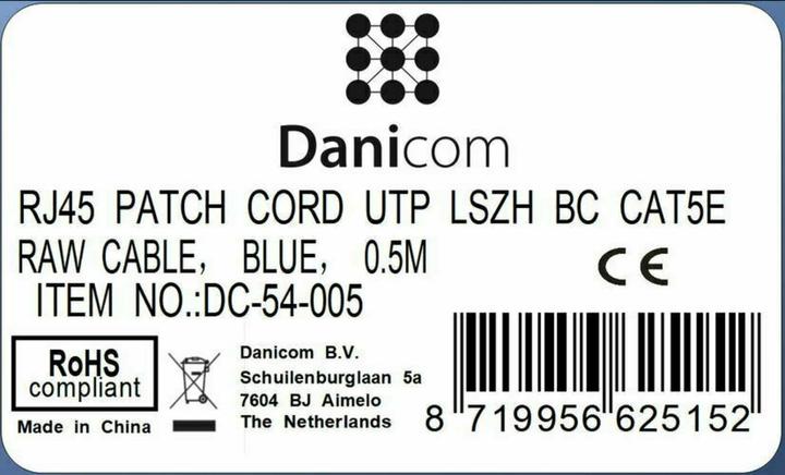 Produktbild Dsit CAT5e Netzwerkkabel, U/UTP, 0.50 meter, Blau, 100% Kupfer (U/UTP, CAT5e, 0.50 m)