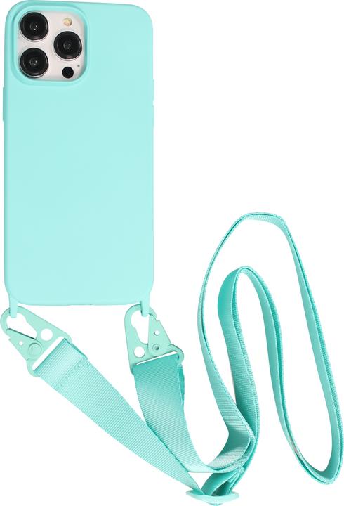 Produktbild PhoneLook Hülle Silikon matt mit Trageschlaufe und Metall Karabiner Hellblau (Apple iPhone 14 Pro)