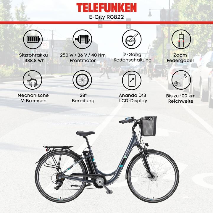 Actual product image Telefunken Multitalent RC822, City E-Bike, Motor power 250 W, Wheel size 28 ", Warranty 24 month(s), Anthracite (49 cm)