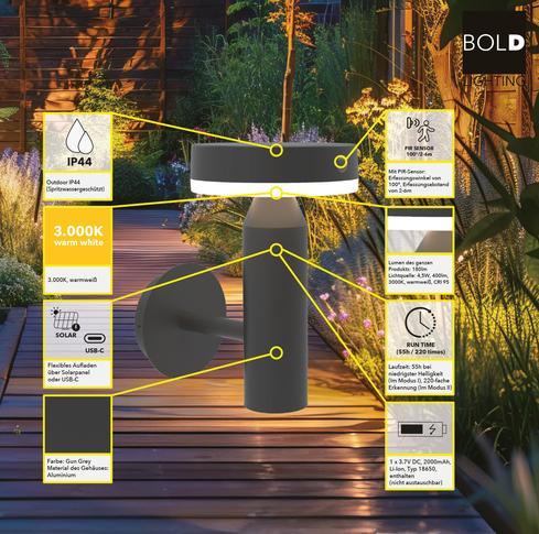 Produktbild Diebold 2er Set Solar-Wandleuchte mit PIR,Gun Grey (180 lm, IP44)