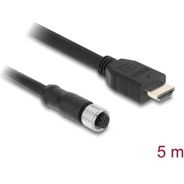 Delock M12 Kabel A-kodiert 17 Pin Buchse zu HDMI Stecker 5 m schwarz (5 m), Cavo video