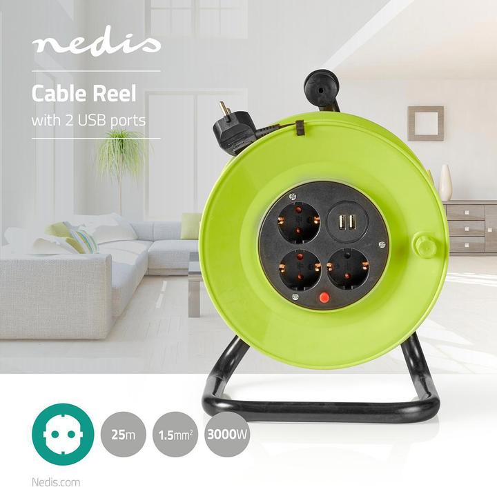 Actual product image Nedis Cable reel - 25 m - 3x 1.5 mm2 - thermal safety cut-out - Schuko and USB (25 m, 1.50 mm²)