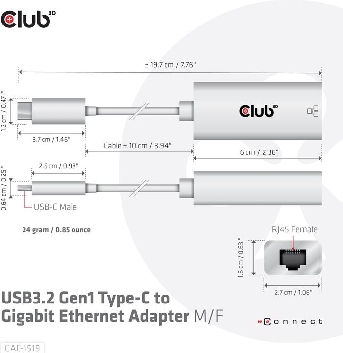 Produktbild Club 3D USB3.2 Gen1 Typ-C zu RJ-45 (USB 3.2, RJ45 (1x))