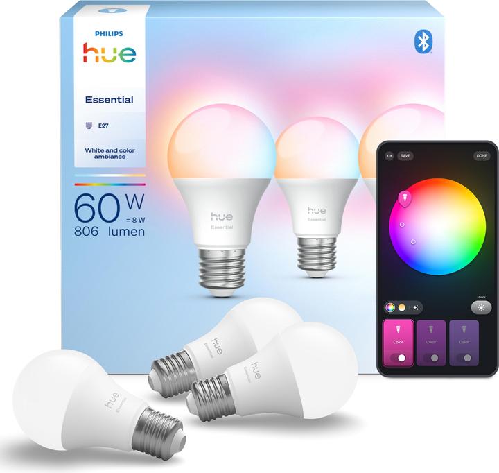 Actual product image Philips Hue Essential White & Color Ambiance (E27, 8 W, 806 lm, 3 x, F)