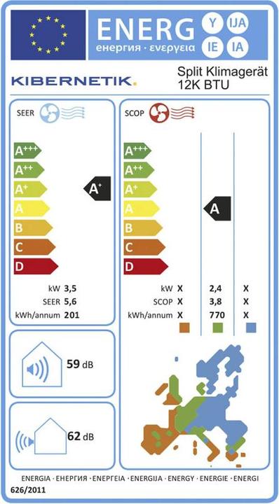 Energy Label Kibernetik FSP air conditioner (60 m², 12000 BTU/h)