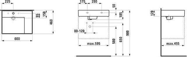 Produktbild Laufen Waschtisch KARTELL 600x460mm Abl. re o ÜL o Hahnloch grau (460 mm, 600 mm)