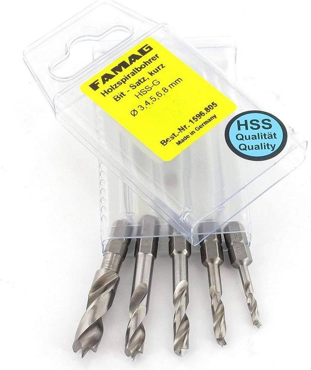 Actual product image Famag Wood twist drill sets 5pcs (3 mm, 4 mm, 5 mm, 6 mm, 8 mm)
