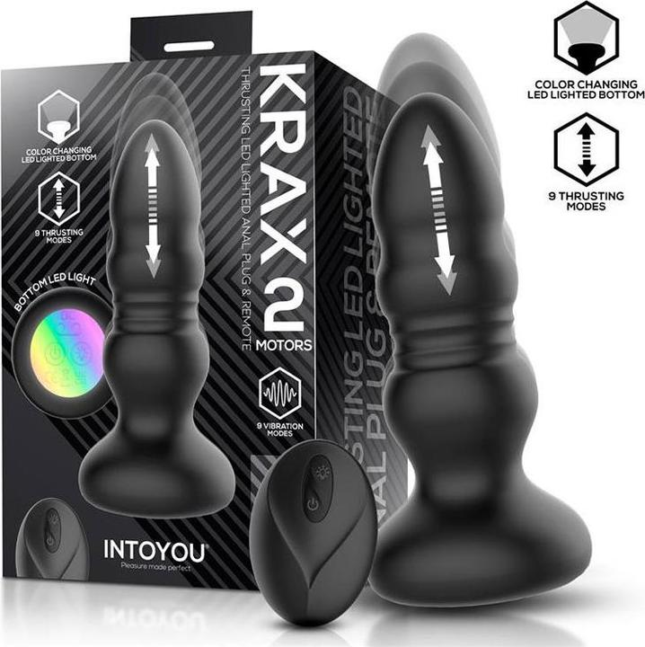 Produktbild IntoYou Krax – Butt Plug mit Vibration, Stossfunktion, LED-Licht und Fernbedienung – Schwarz