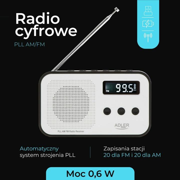 Image du produit Adler Interactive solution | Digital radio PLL AM/FM | AD 1907 | Alarm function | White/Black (AM, FM, KW, PLL)