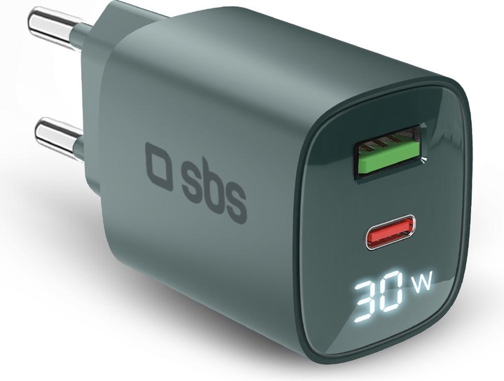Produktbild SBS Wandladegerät mit LCD-Bildschirm, 1 USB-C-PD-30W-Ausgang, 1 USB-A-18W-Ausgang (30 W)