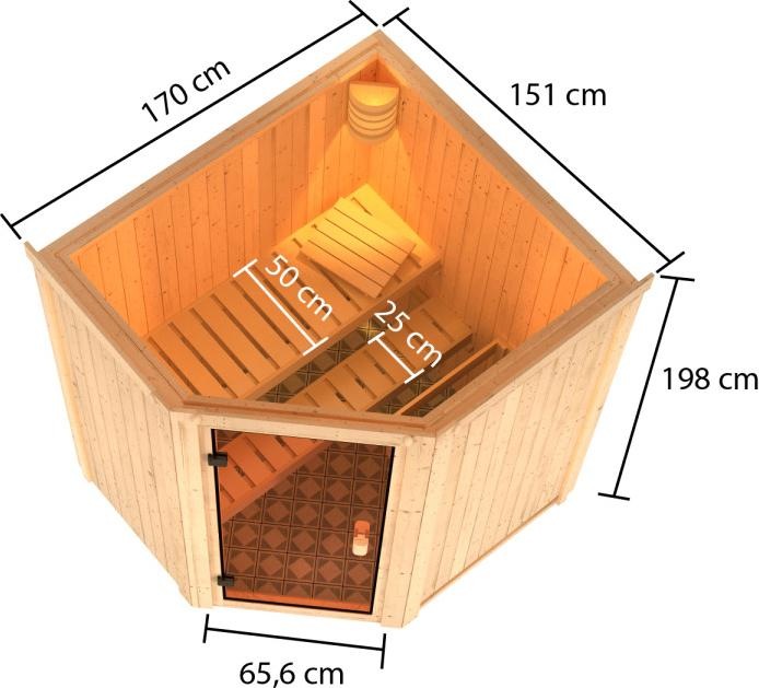 Actual product image Woodfeeling Sauna Faurin corner entry (4,5 kW internal control)