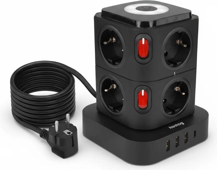 Huslog Vertical power strip with LED (4x, CEE 7/4, USB-A, USB-C)
