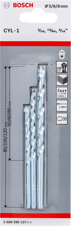 Produktbild Bosch Professional Zubehör 3-tlg. CYL-1 Steinbohrer-Set, 5/6/8 mm. Für Bohrmaschinen/Schrauber (5, 6, 8 Millimeter)