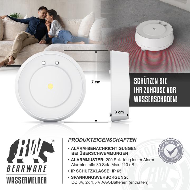 Produktbild Bearware 2x Wassersensor, IP66 Mini-Wasser Detektor, 110dB lauter Alarm, Wassermelder warnt bei Wasserschäden