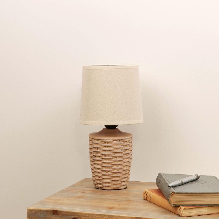 Actual product image Hestia Basket Weave Table Lamp with Beige Linen Shade (E27)