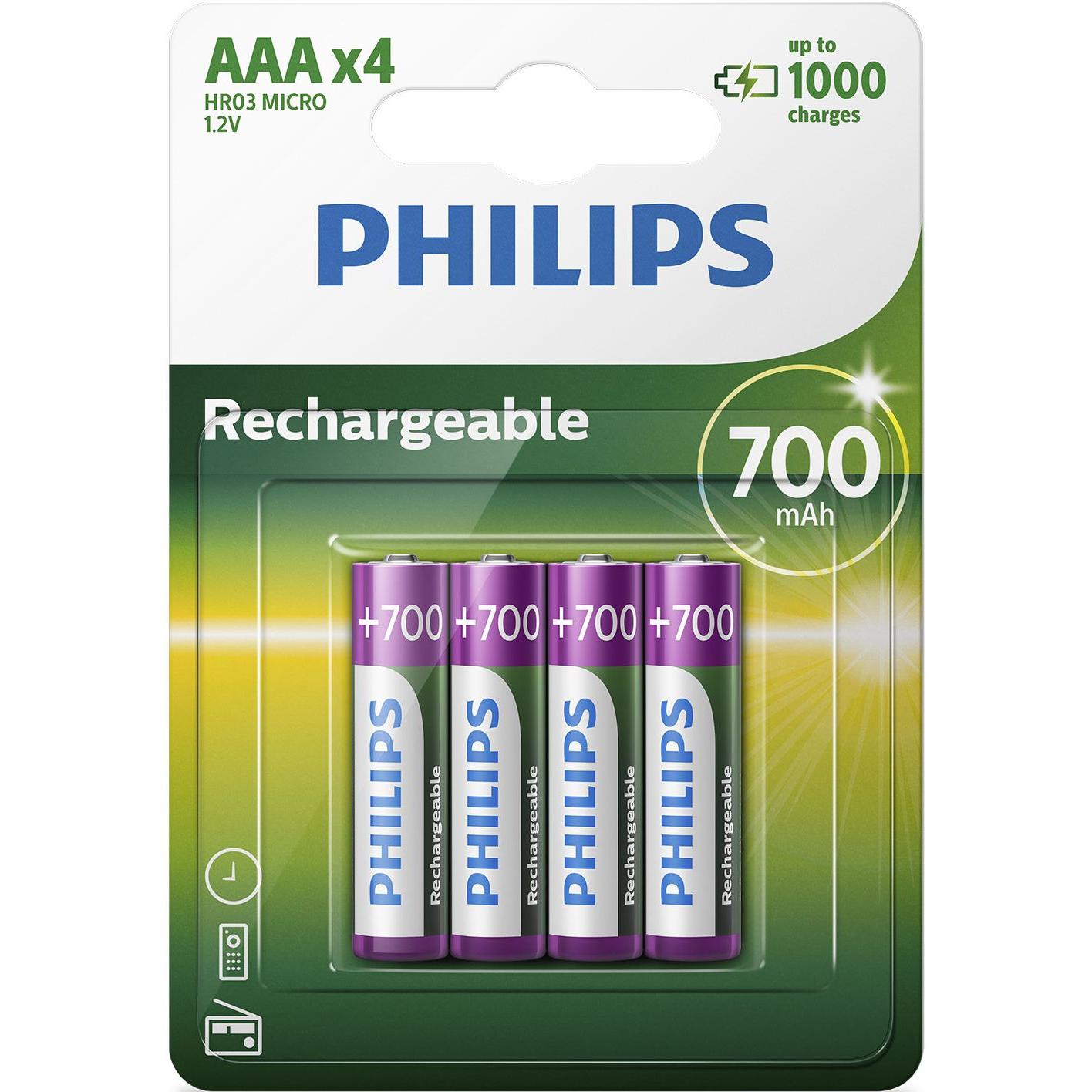 Philips Rechargeable (4 Stk., AAA, 700 mAh), Batterien + Akkus